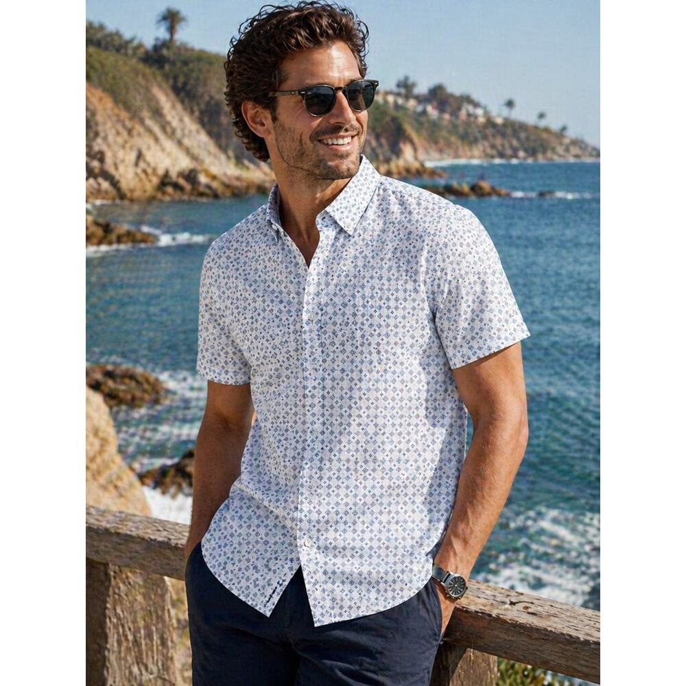 Cactus Man Geo Print Shirt Medium 4 Way Stretch Tech Short Sleeve NWT